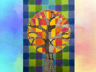 Albero in un paesaggio di colori caldi e freddi