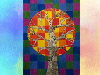 Albero in un paesaggio di colori caldi e freddi