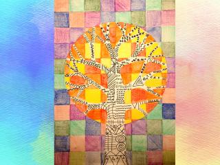 Albero in un paesaggio di colori caldi e freddi