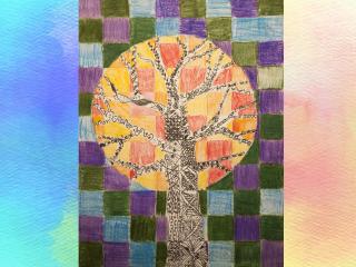 Albero in un paesaggio di colori caldi e freddi